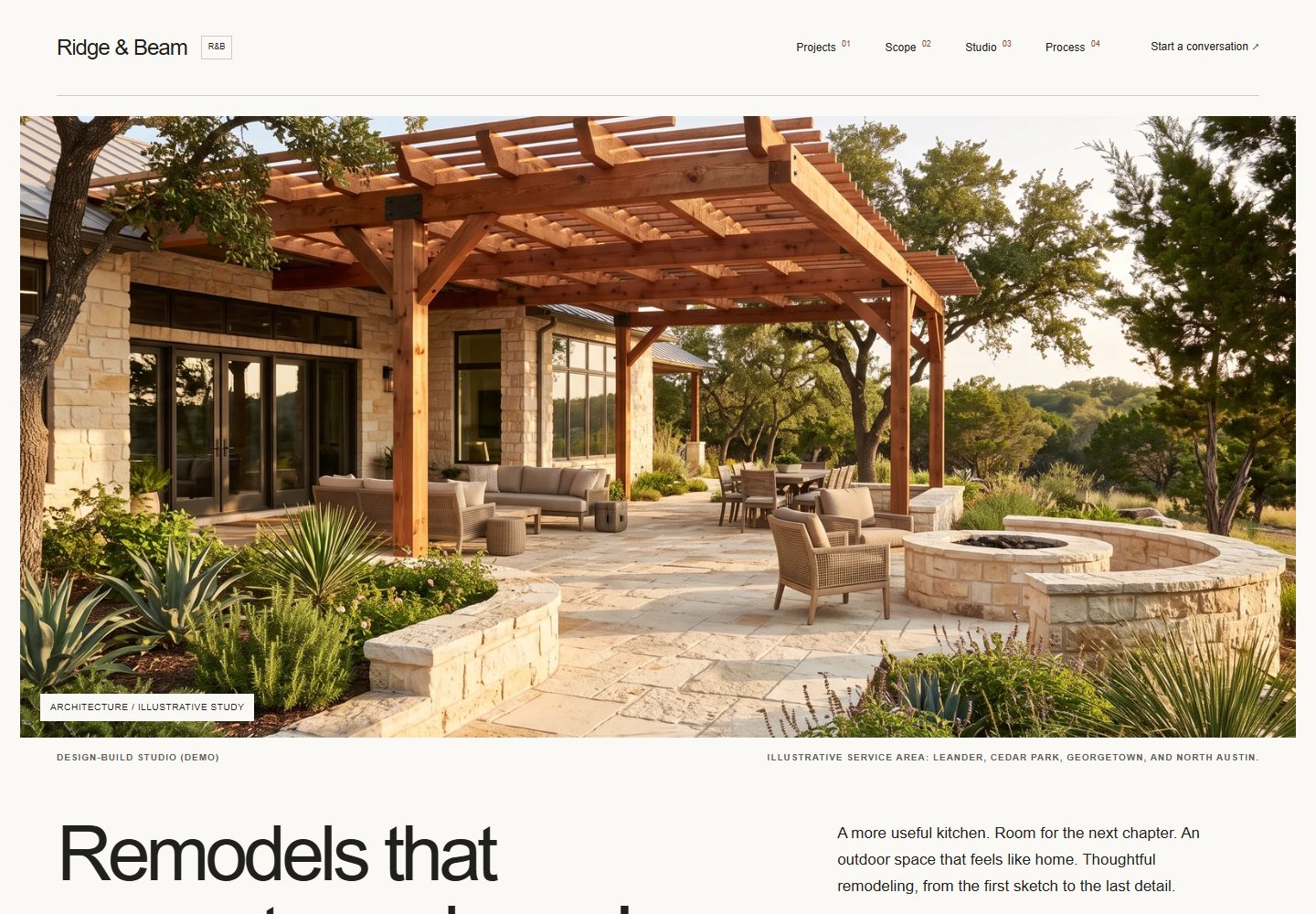 Homepage preview of the Ridge & Beam demonstration website