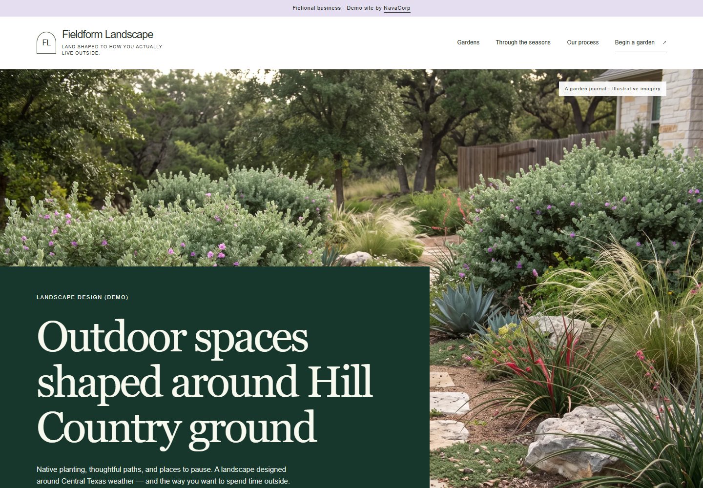 Homepage preview of the Fieldform Landscape demonstration website