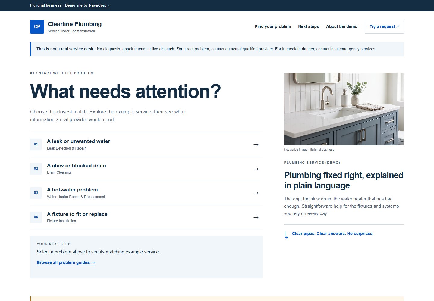 Homepage preview of the Clearline Plumbing demonstration website